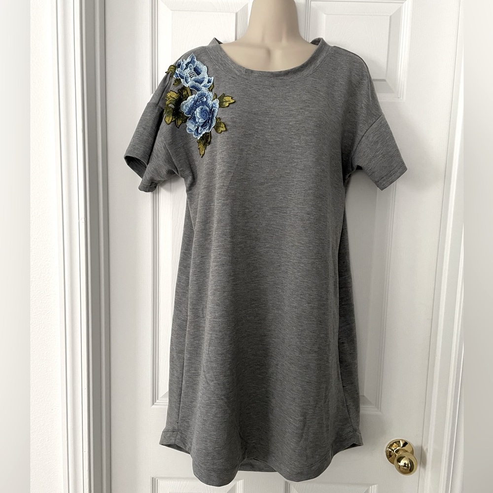 Gray Embroidered T Shirt Dress